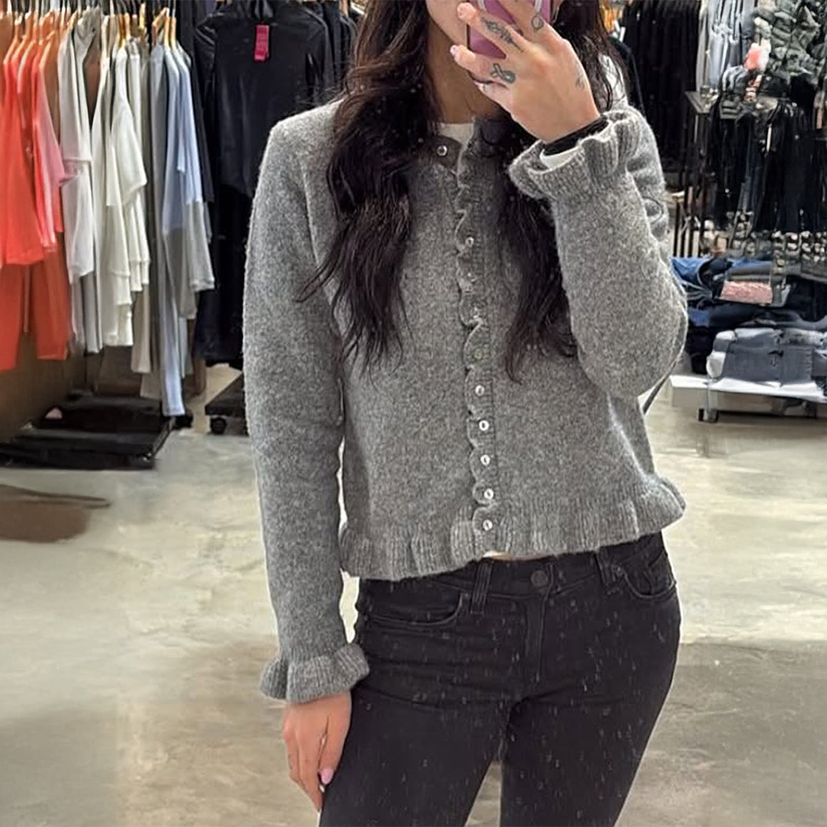 Gray wool button-front long-sleeve sweater with neat collar