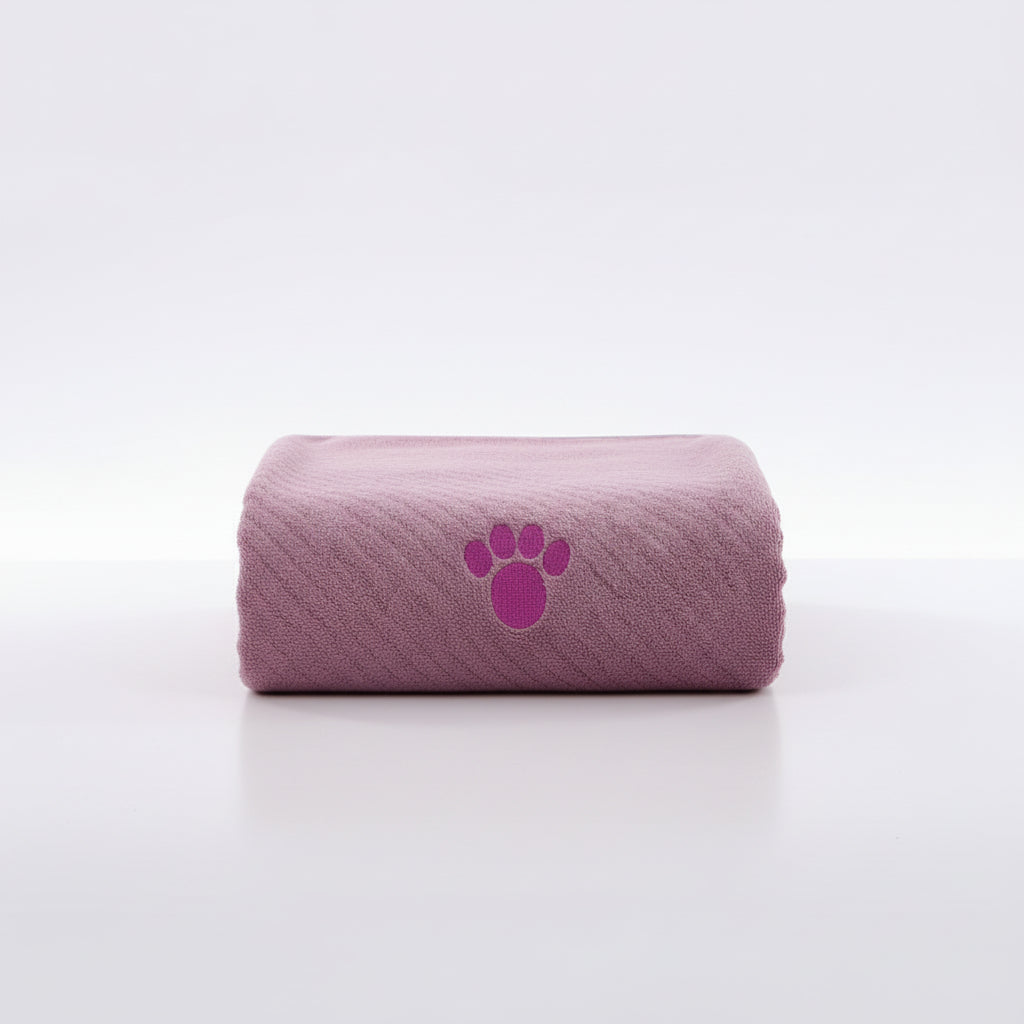 Quick-dry towel, mauve rolled with purple paw-print emblem