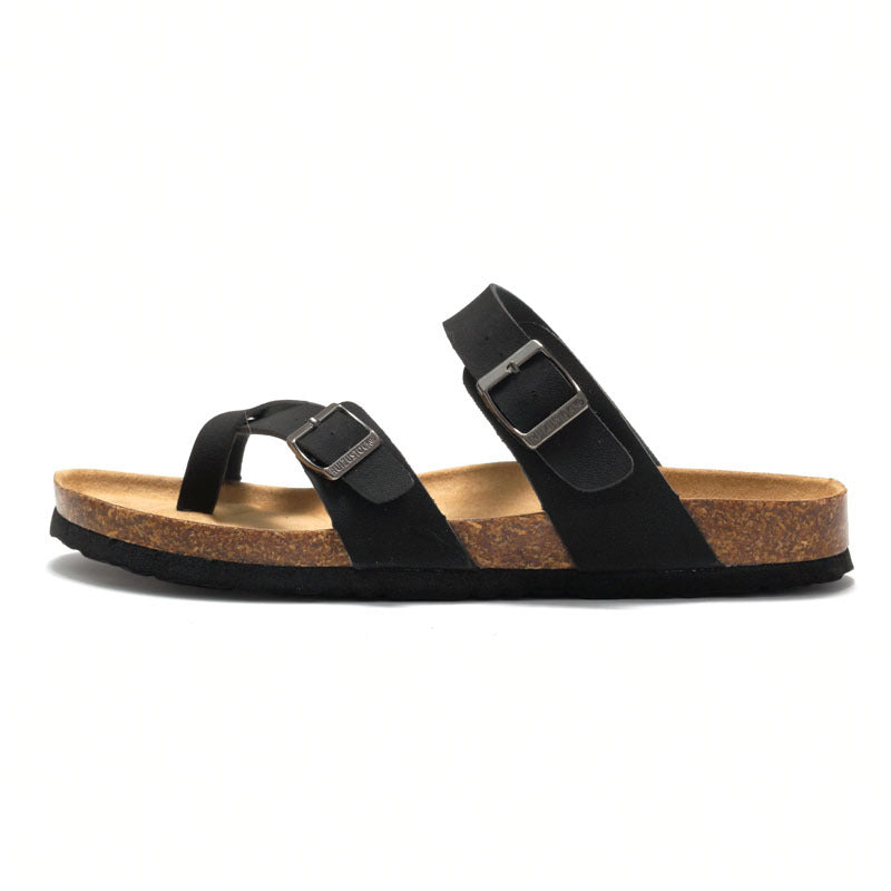 Women's cork slide sandals in black with two adjustable buckle straps