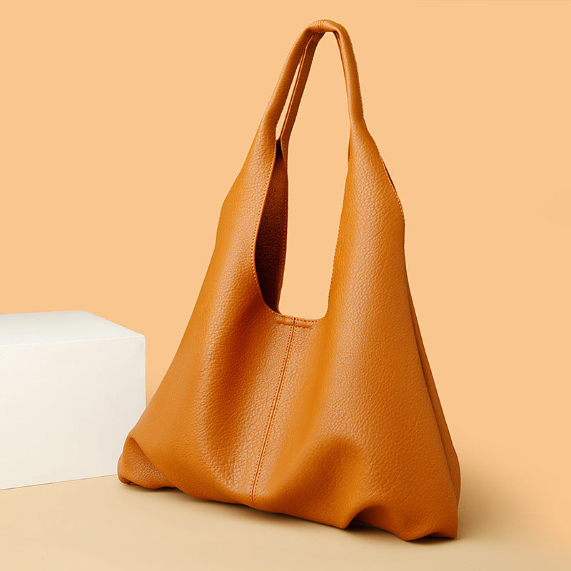 Soft leather shoulder tote bag with open top and wide handles, brown