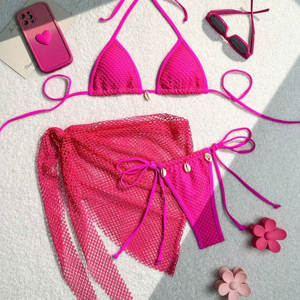 Pink three-piece split bikini set with triangle top, tie bottoms, and mesh skirt