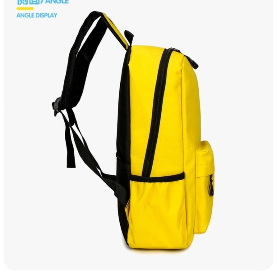 Yellow backpack set with black straps and matching side pouch, featuring cartoon shark face