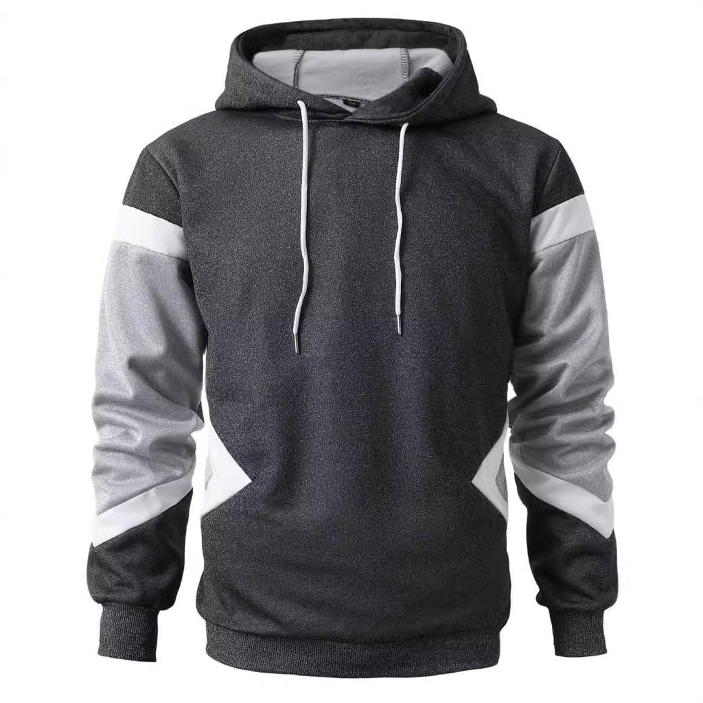 Mens dark gray colorblock hoodie with hood, white drawstrings, and kangaroo pocket.