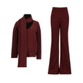 Burgundy knit two-piece set with cowl scarf top and flared wide-leg pants