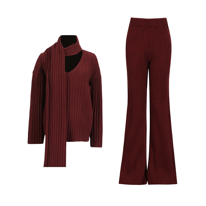 Burgundy knit two-piece set with cowl scarf top and flared wide-leg pants