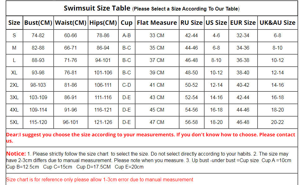 Swimsuit size chart table with measurement guidance for selecting a size