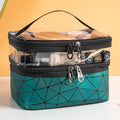 Double-layer transparent cosmetic bag with teal geometric bottom and black double zippers