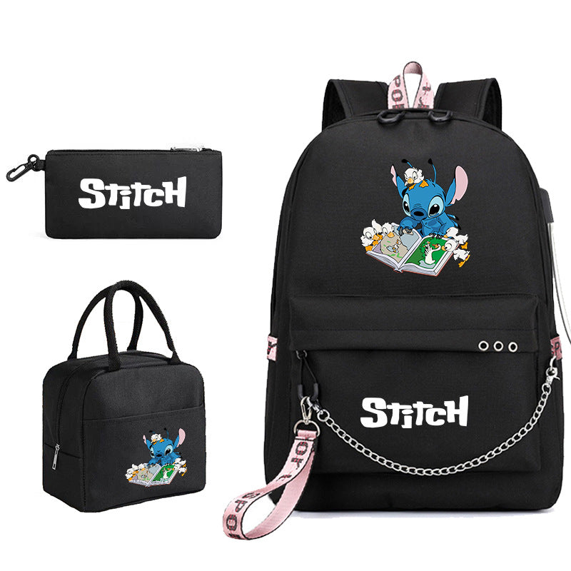 Black Stitch backpack with matching zip pouch; Stitch character reading graphic on front