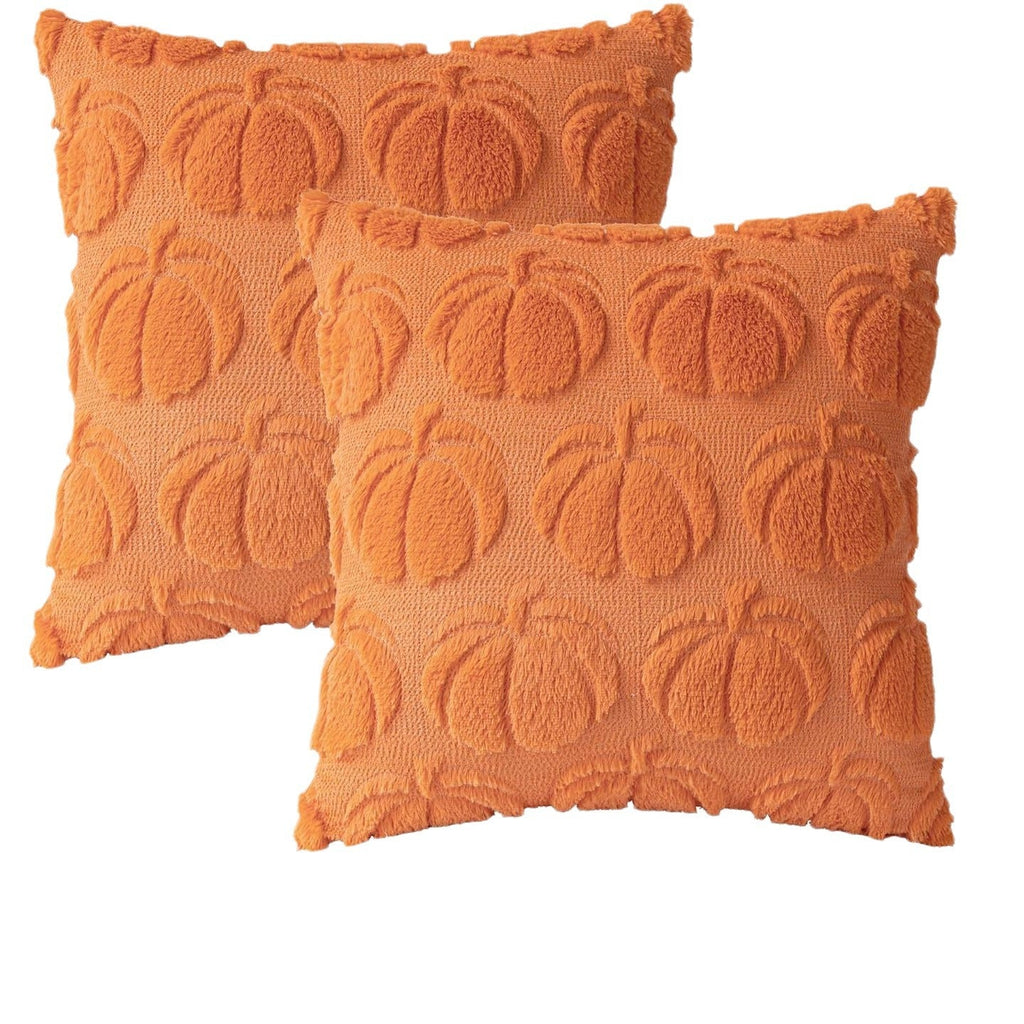 Set of 2 orange faux fur throw pillow covers with raised pumpkin texture