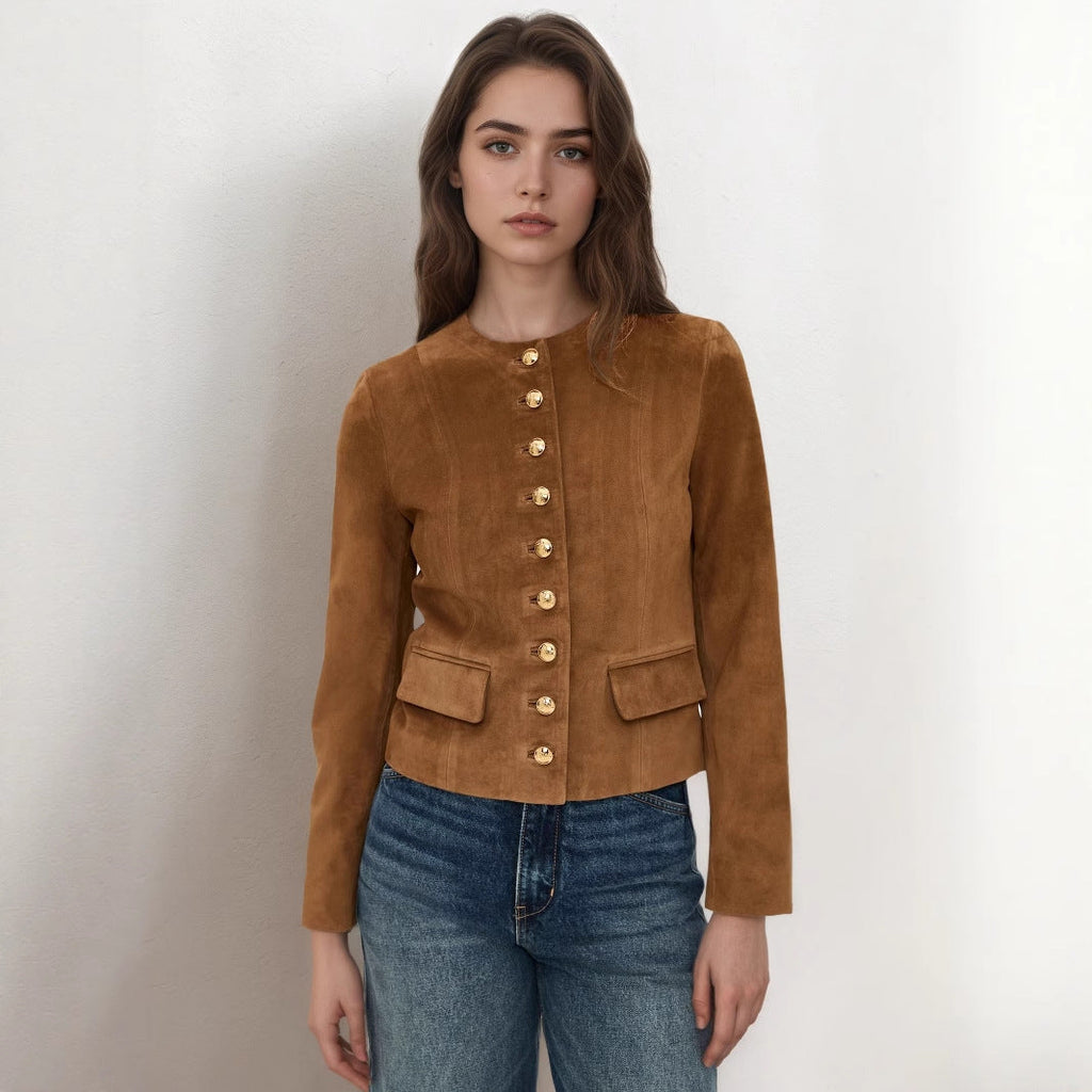 Brown suede short jacket, front gold-tone button placket and two chest flap pockets