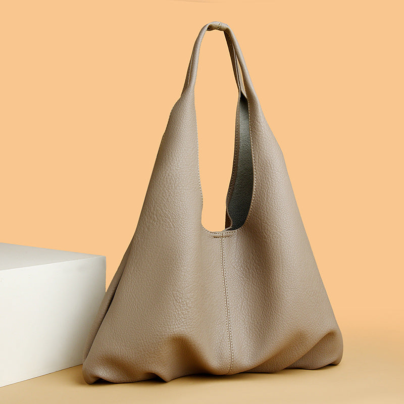 Soft leather shoulder tote bag with open top and wide handles, taupe