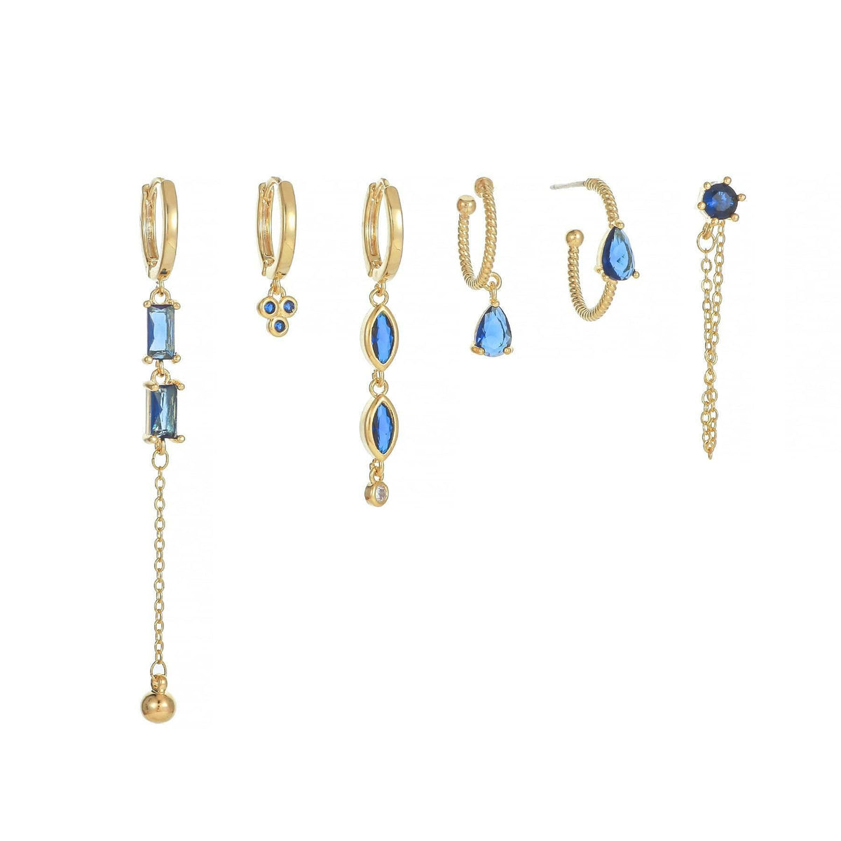 Gold-tone long tassel earrings set with blue teardrop stones and chain dangles