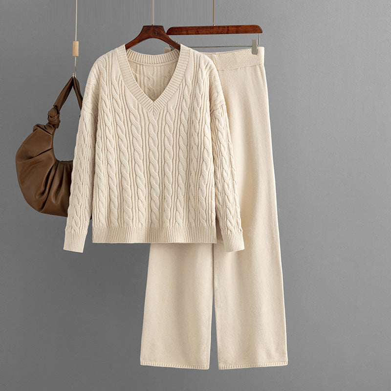 Off-white V-neck cable knit sweater with wide-leg pants, two-piece knit set