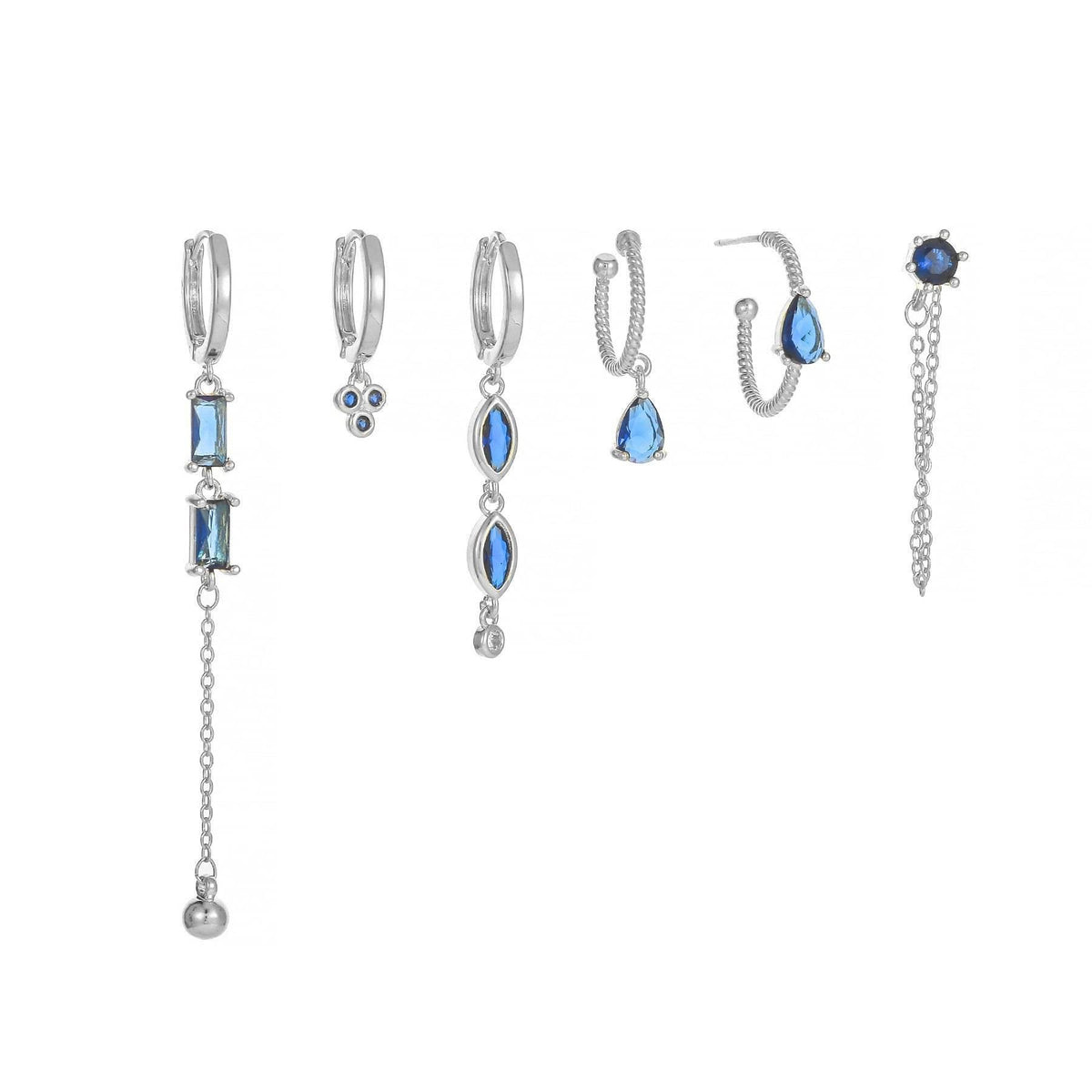Silver-tone long drop earrings set with blue teardrop stones and chain tassels