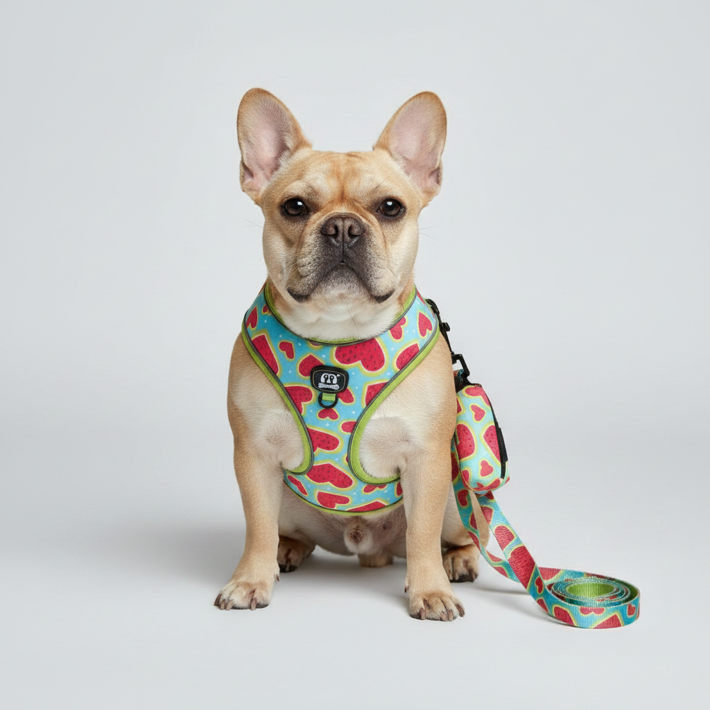 Dog harness and leash set in pink and green heart pattern, dog with leash extended