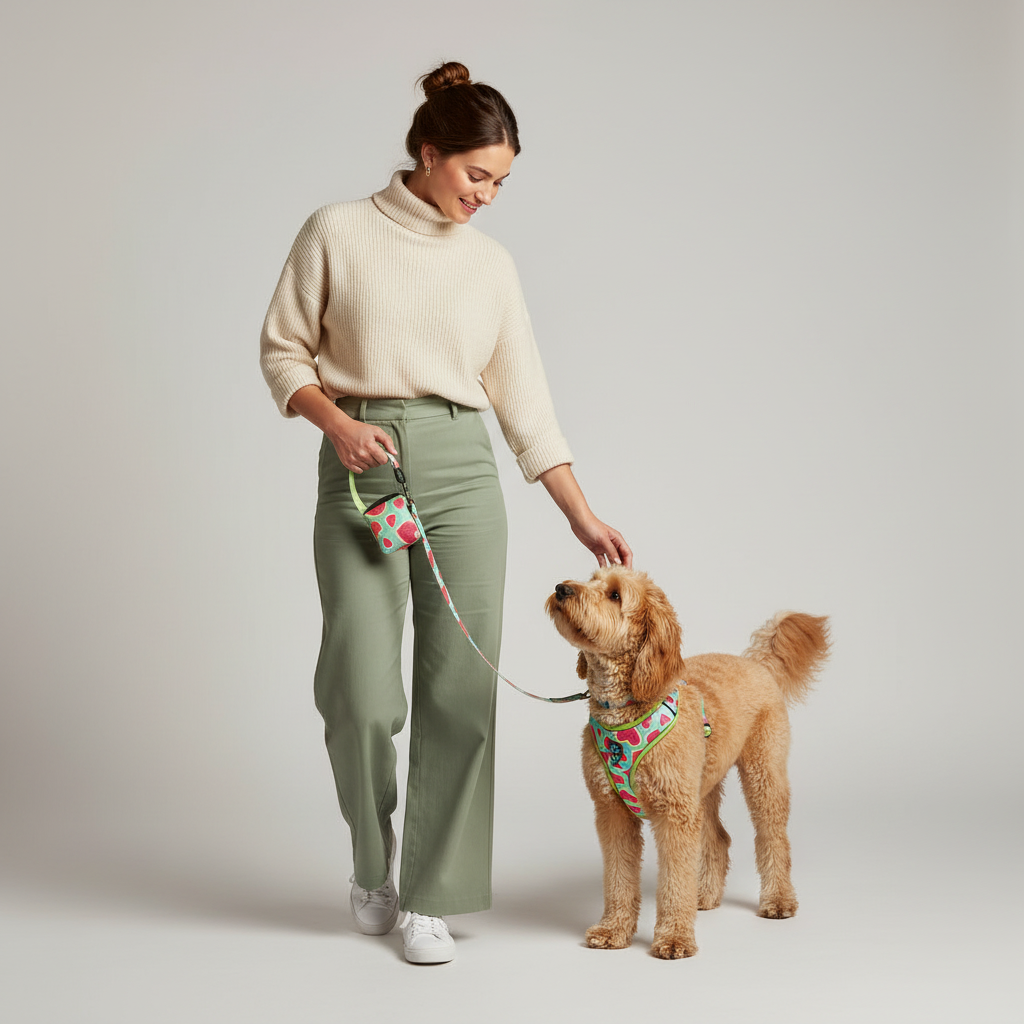 Dog harness and leash set with watermelon heart pattern, dog standing with leash