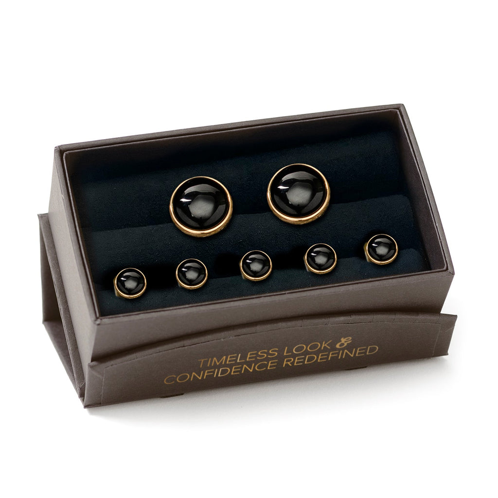 Gold-tone onyx stud set in display tray, five-piece