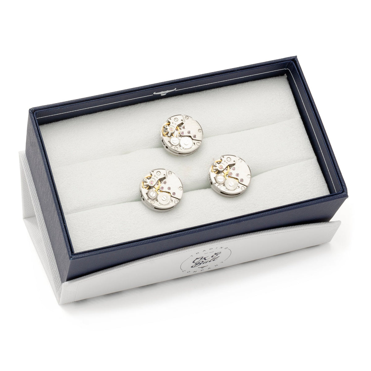 Watch-movement cufflinks in a navy presentation box, silver-tone gear faces