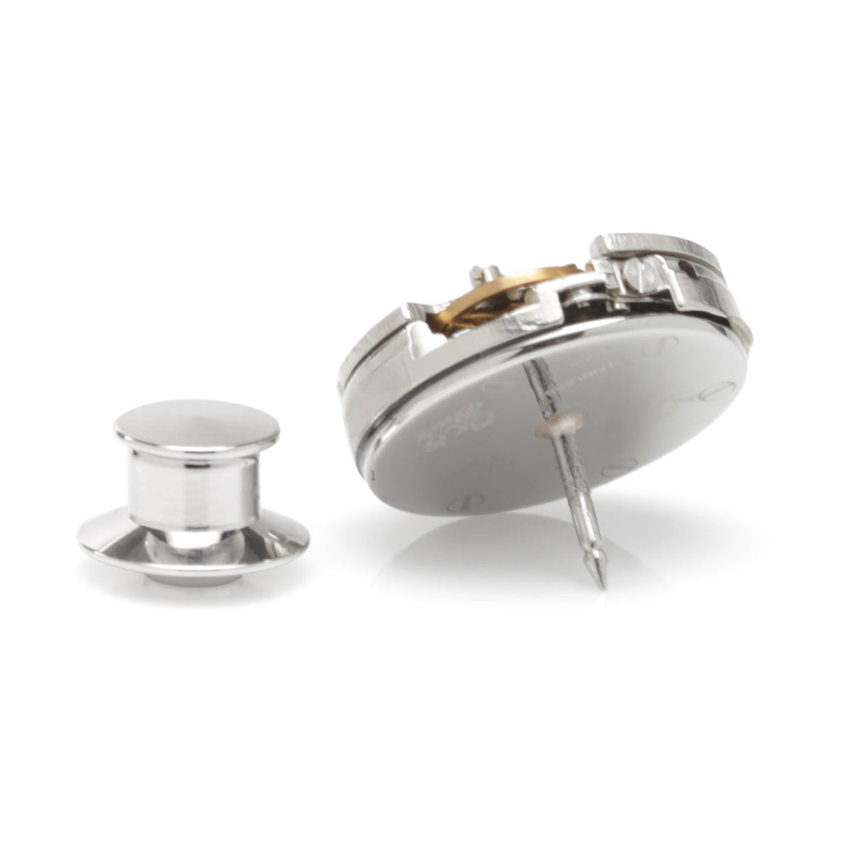 Silver round lapel pin with hinged backing post and small securing stud