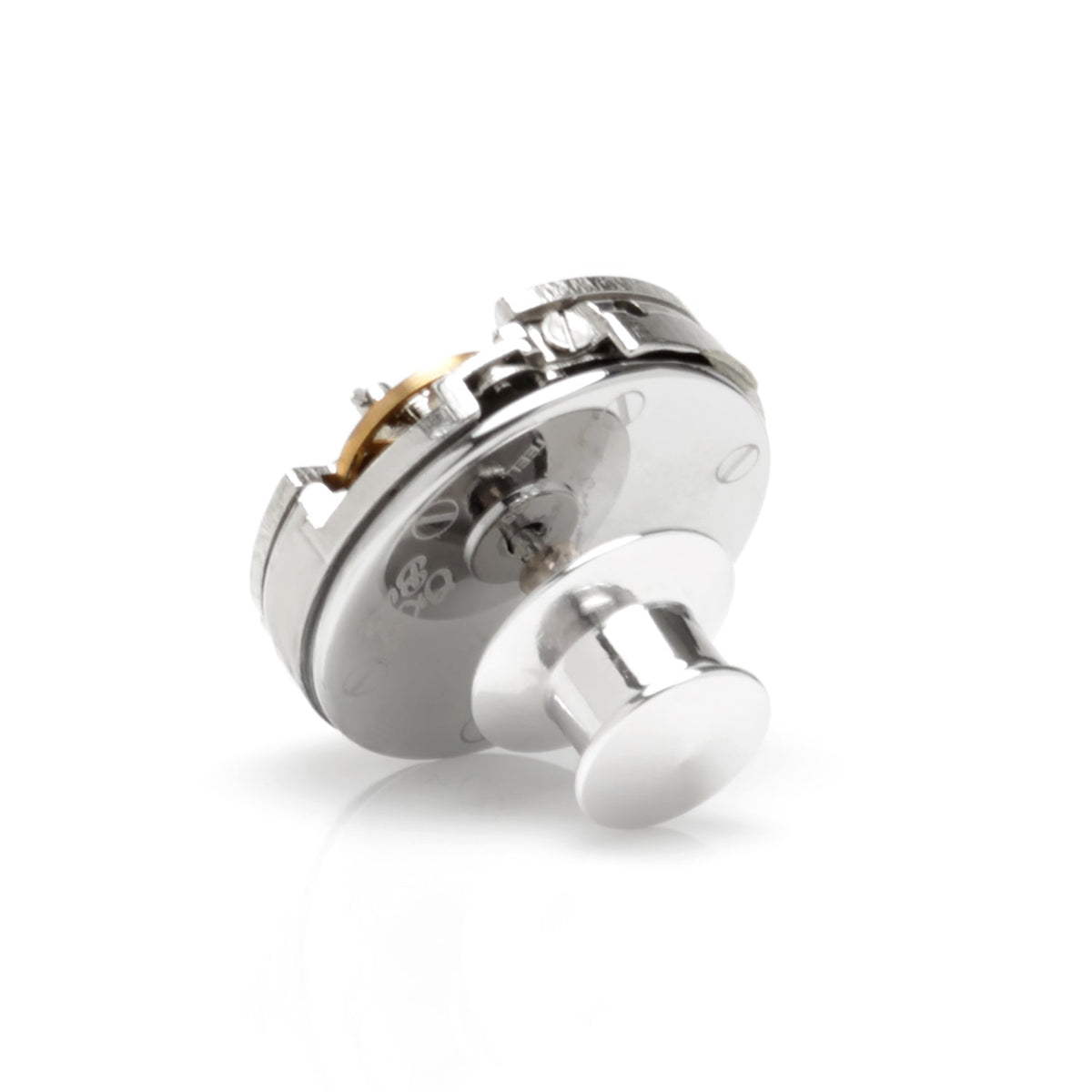 Silver skeleton watch-movement lapel pin with pointed post and clasp back