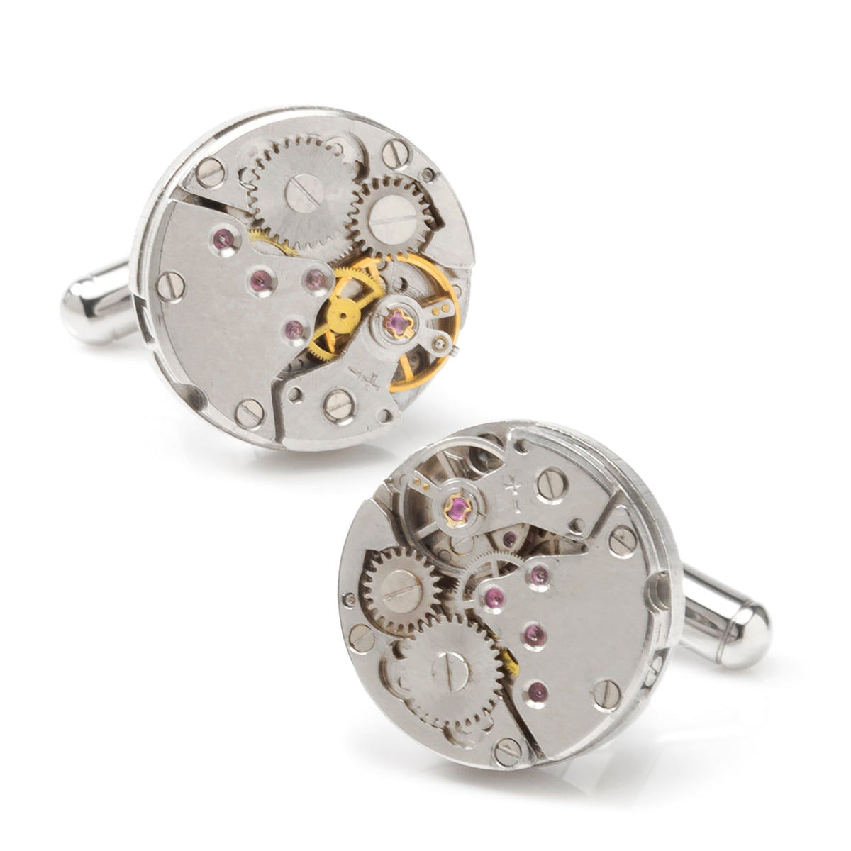 Silvertone skeleton watch movement cufflinks with gold and purple jewel details