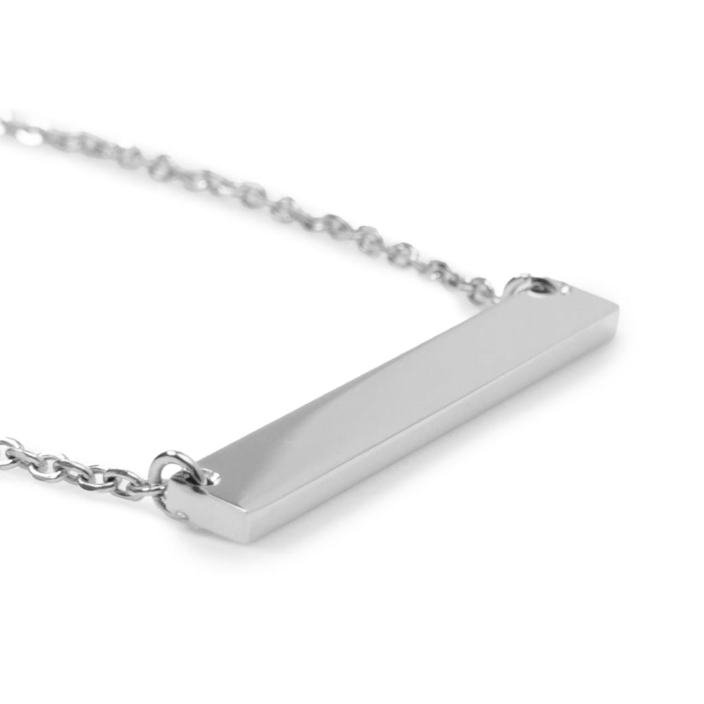 Stainless steel rectangular bar pendant necklace, angled view of smooth engravable front