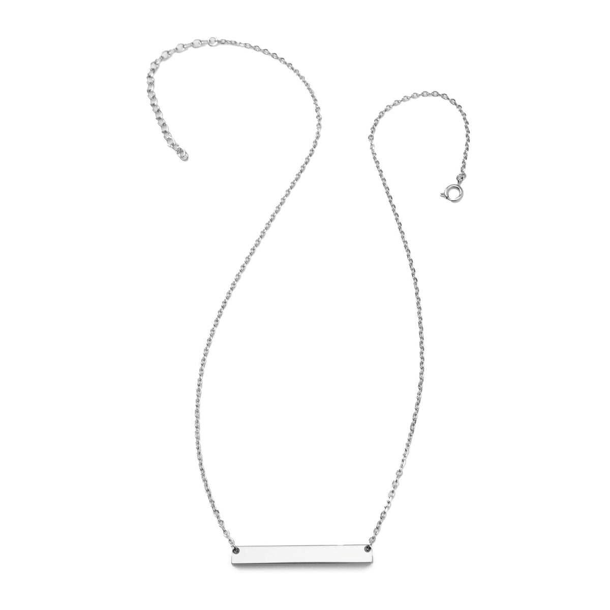 Stainless steel bar pendant necklace on silver chain with small loop connectors