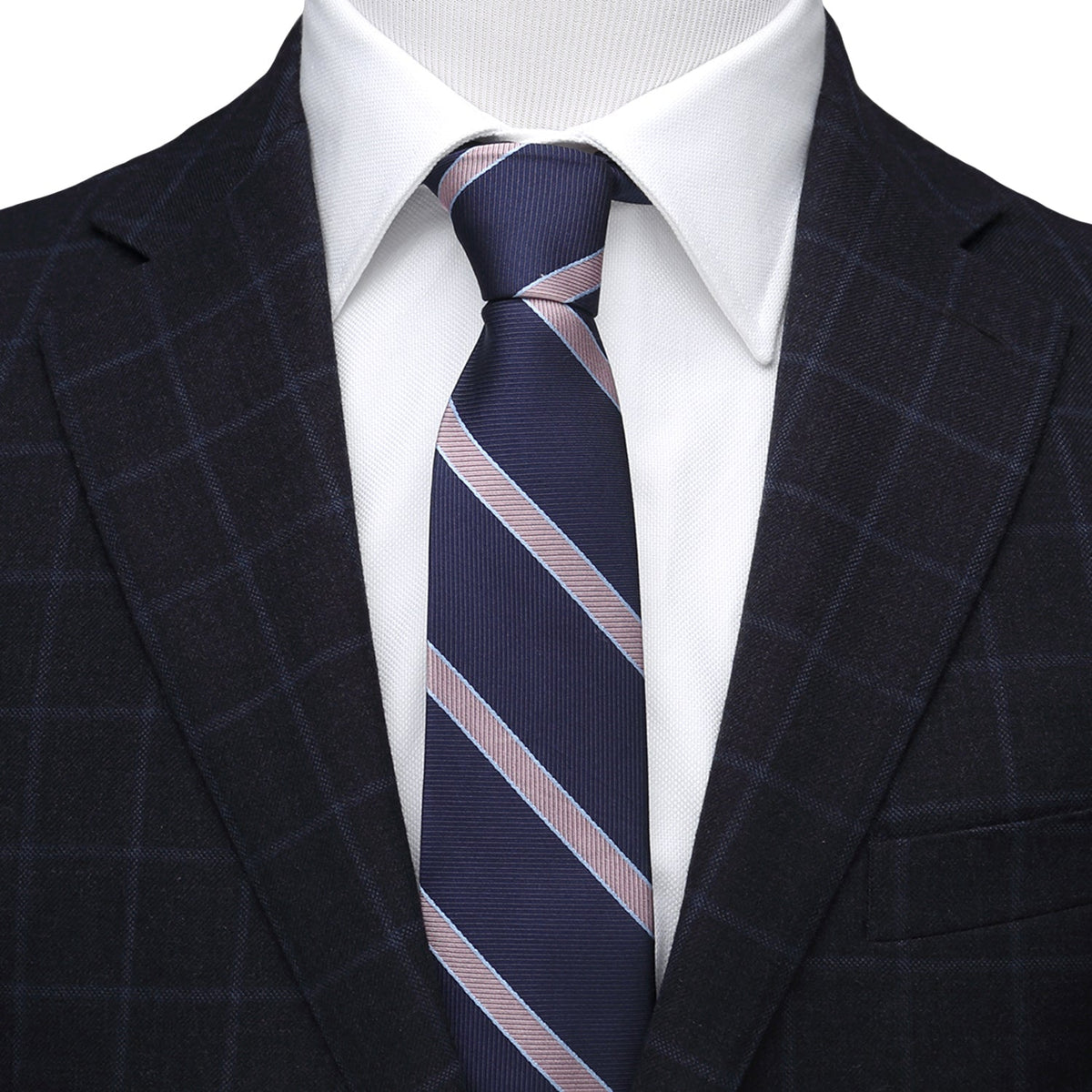 Men's striped necktie in navy with pink and light diagonal stripes