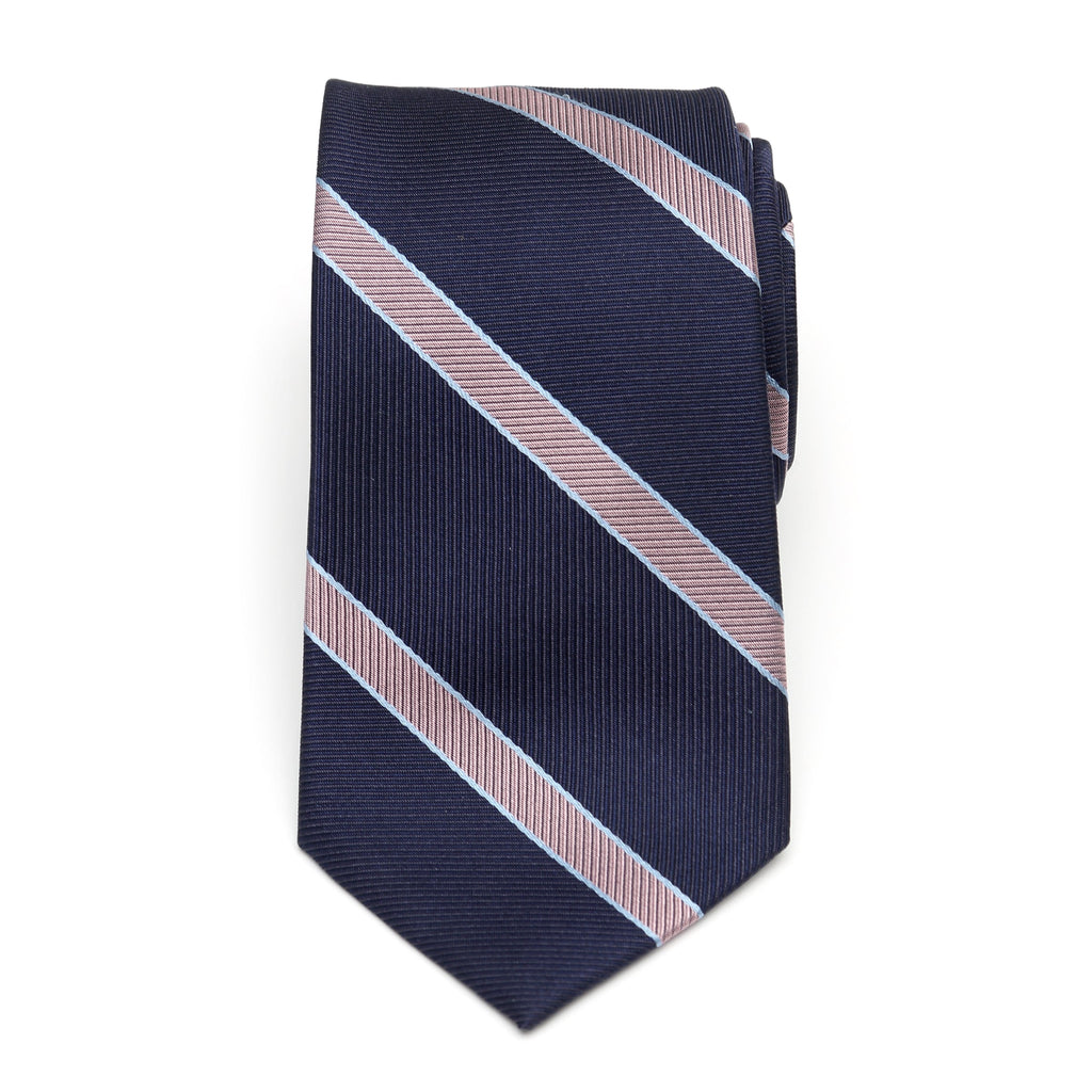 Navy necktie with light pink diagonal stripe pattern, folded end view