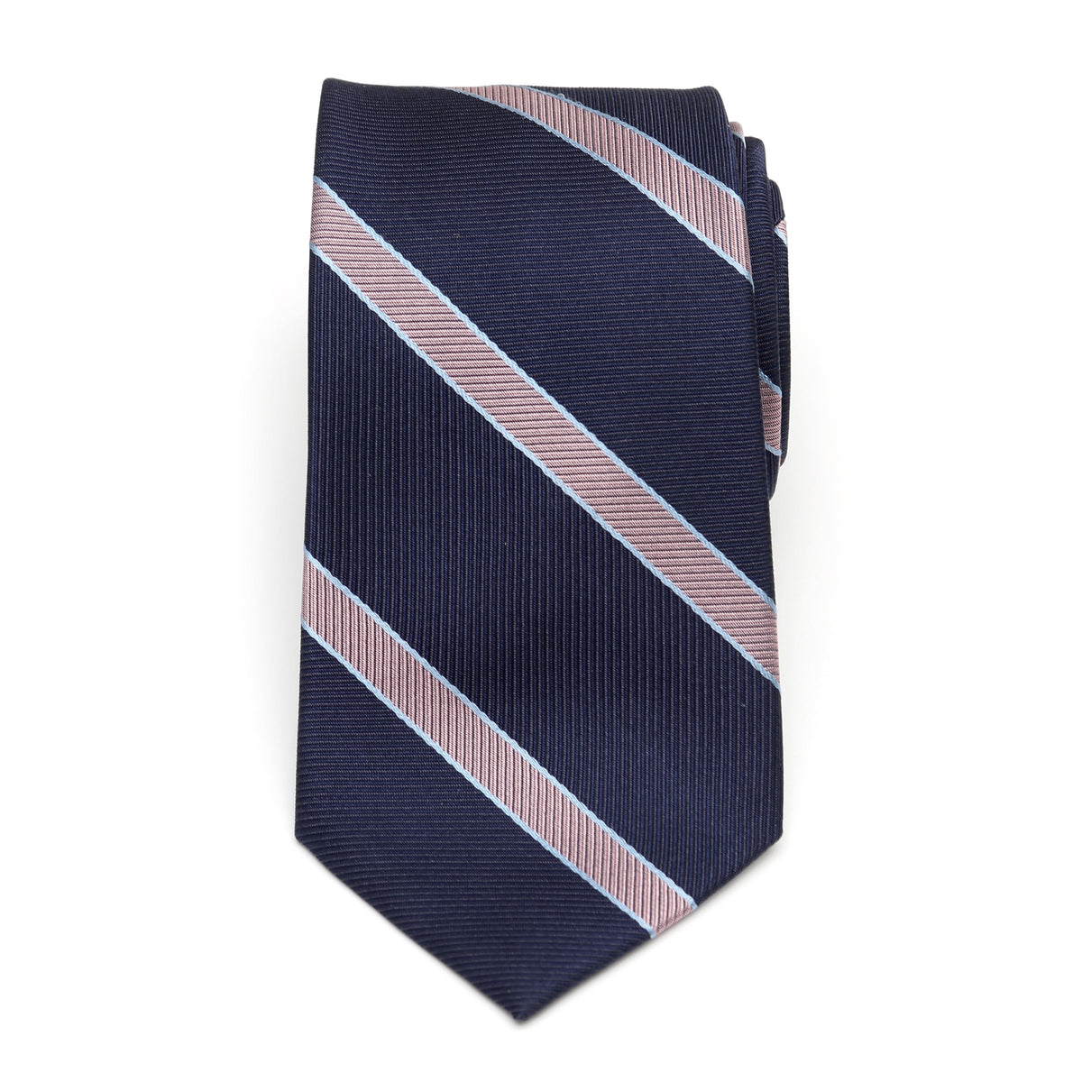 Navy necktie with light pink diagonal stripe pattern, folded end view