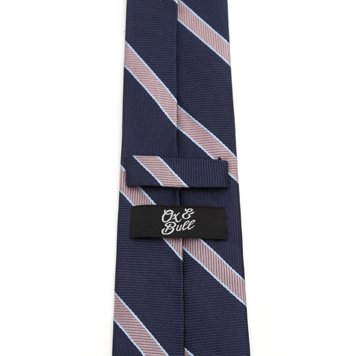 Navy striped necktie with light pink diagonal stripes and Ox & Bull tag