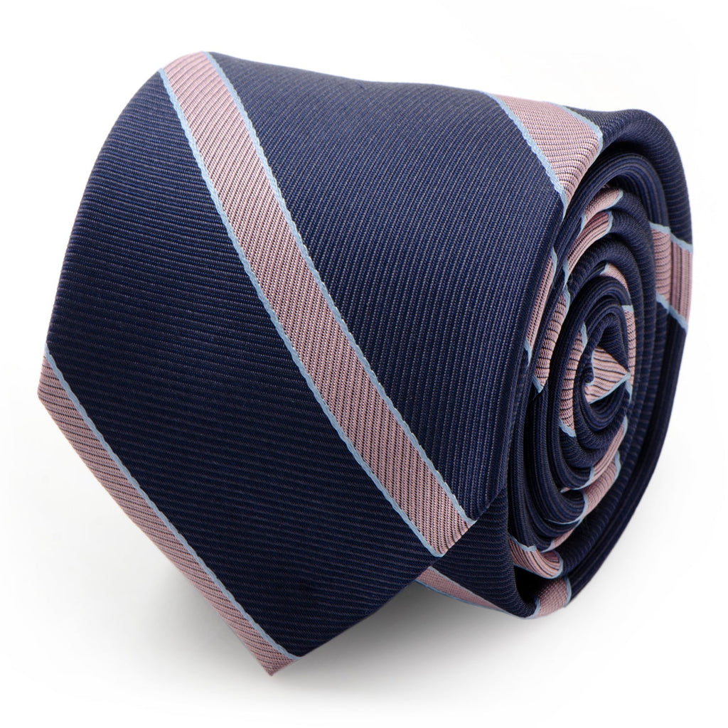 Navy men's necktie with pink and light stripes, woven texture