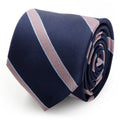 Navy men's necktie with pink and light stripes, woven texture
