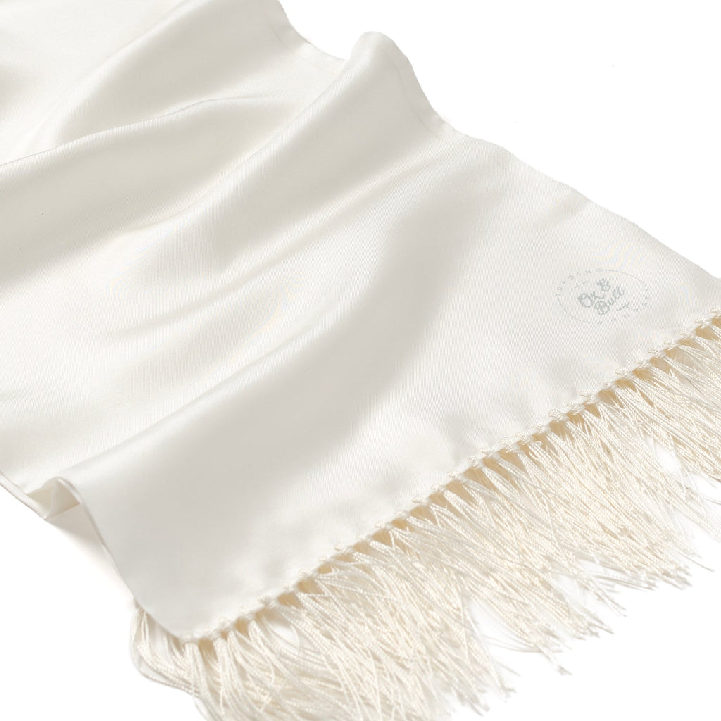 White silk tuxedo scarf with smooth satin finish and fringed edge