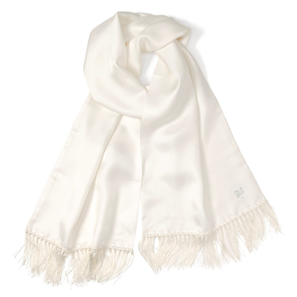 White silk tuxedo scarf with draped knot and fringed ends