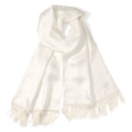 White silk tuxedo scarf with draped knot and fringed ends