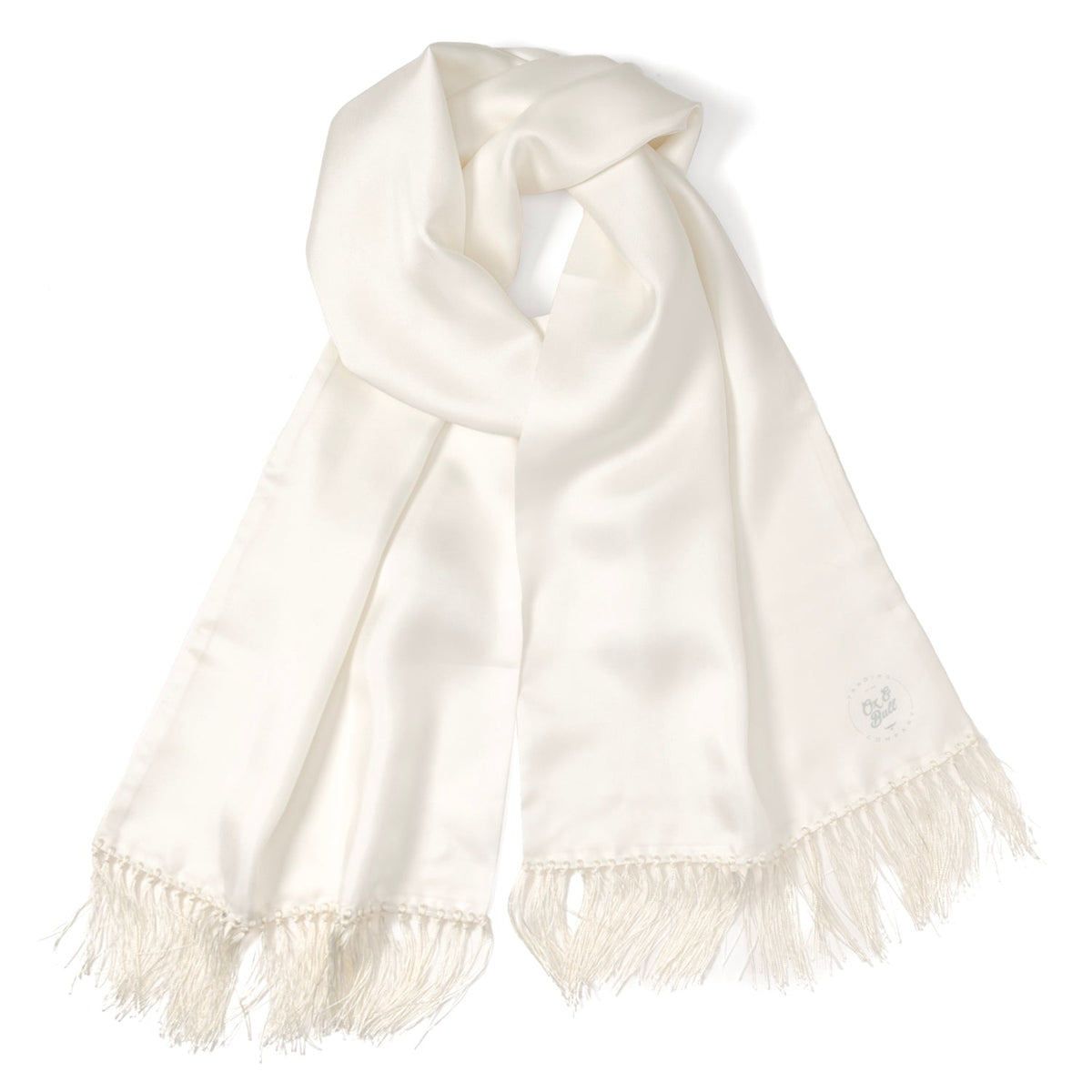 White silk tuxedo scarf with draped knot and fringed ends