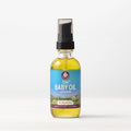 Lavender baby oil bottle with pump-style black cap and glass dropper nozzle