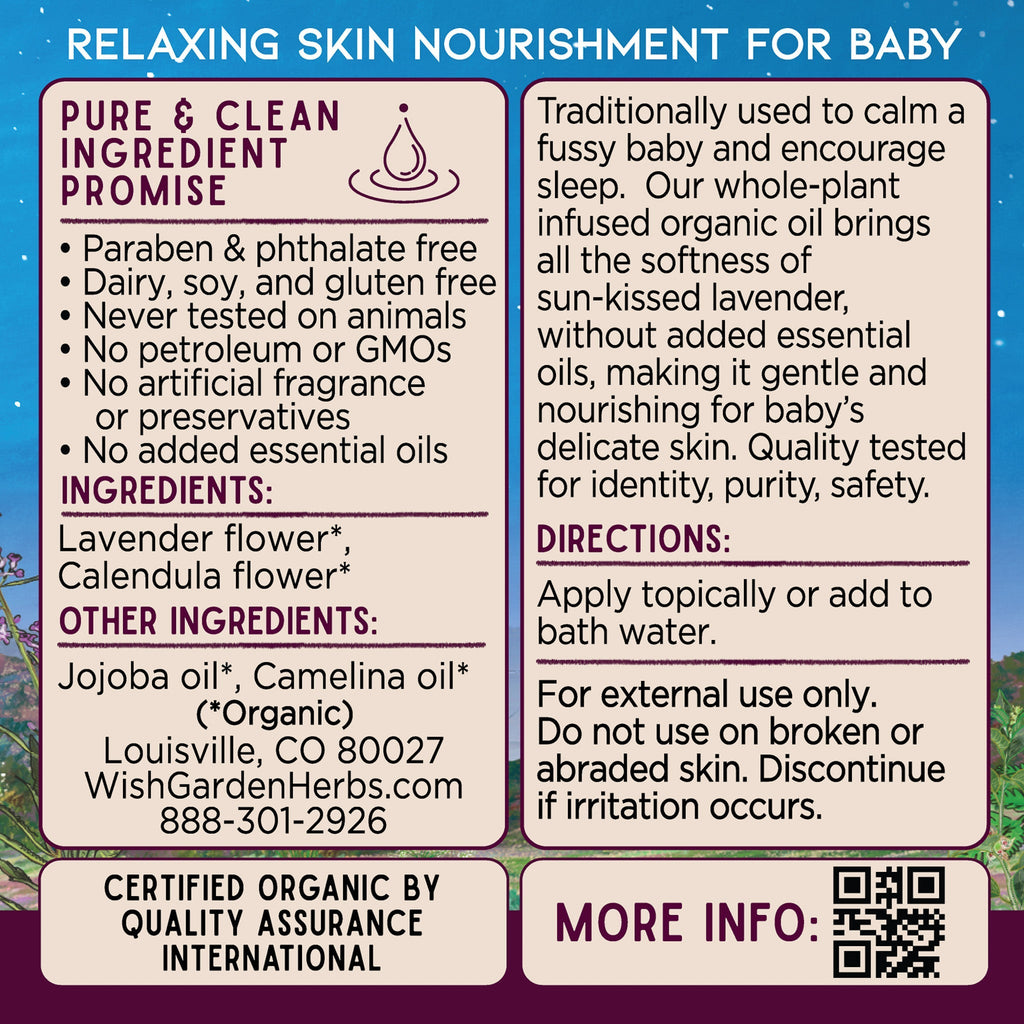 Back label with ingredient list, directions, and certifications for baby oil