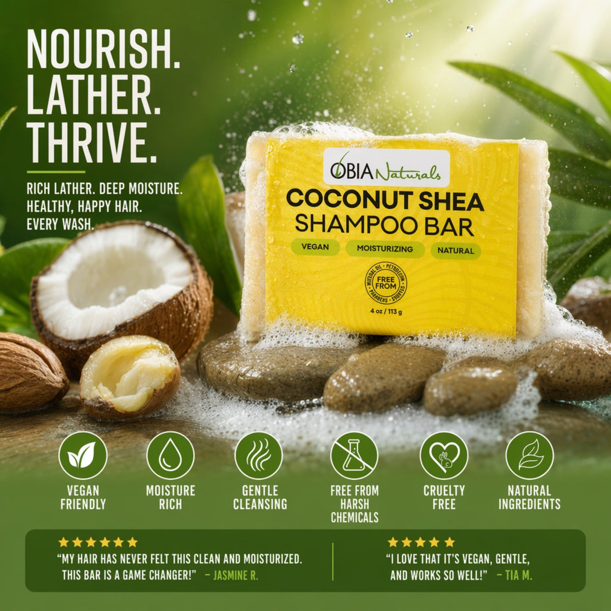 OBIA Naturals Coconut Shea shampoo bar with coconut, spa stones, and bubbles