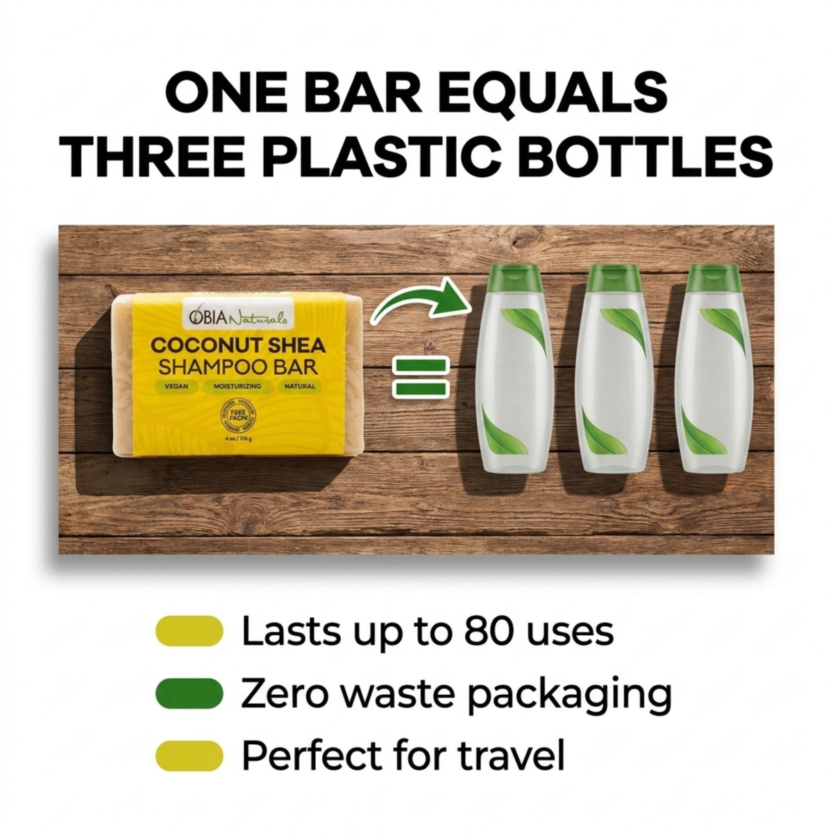 OBIA Naturals Coconut Shea shampoo bar on board with plastic bottles comparison