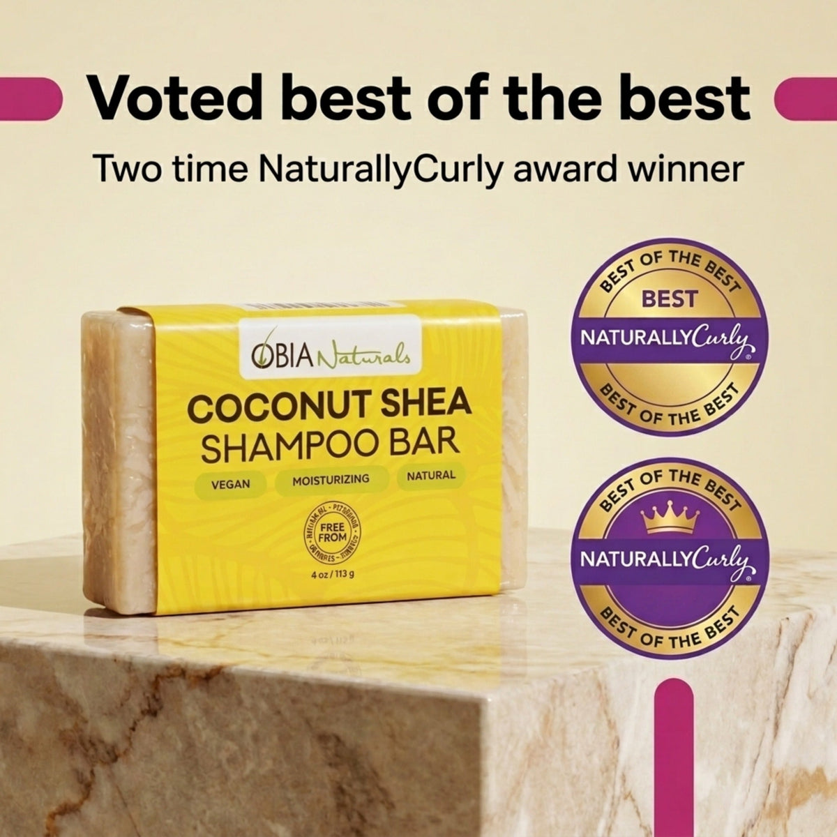 OBIA Naturals Coconut Shea shampoo bar with NaturallyCurly award badge