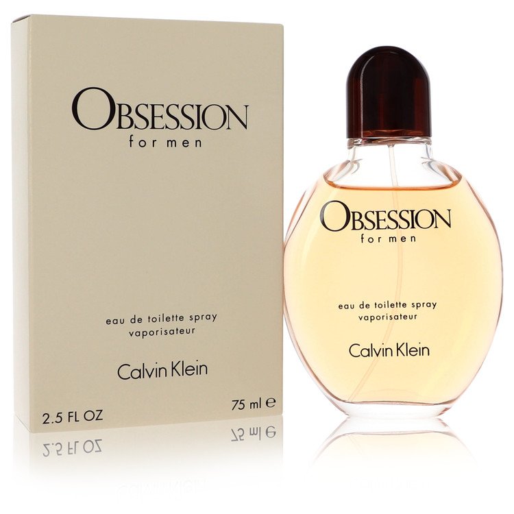 Men's eau de toilette spray bottle with clear cap and Obsession box, Calvin Klein