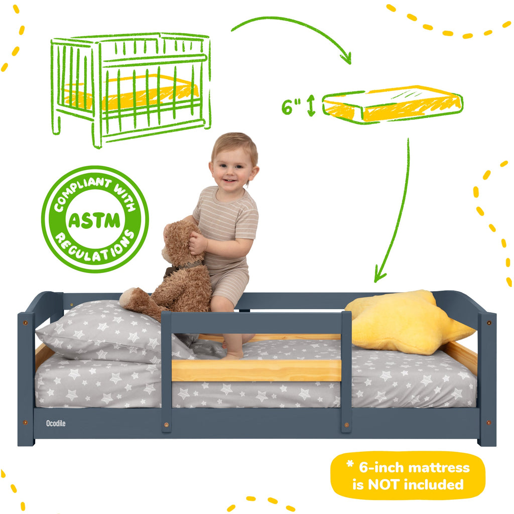 Toddler floor bed with safety rails, dark gray frame with side guard rails