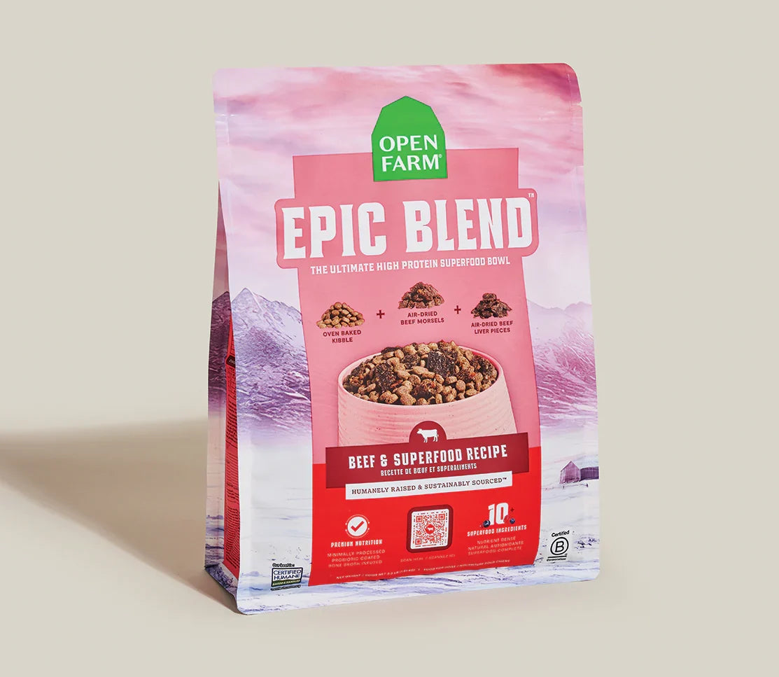 Open Farm Epic Blend beef & superfood dry dog food bag, front view
