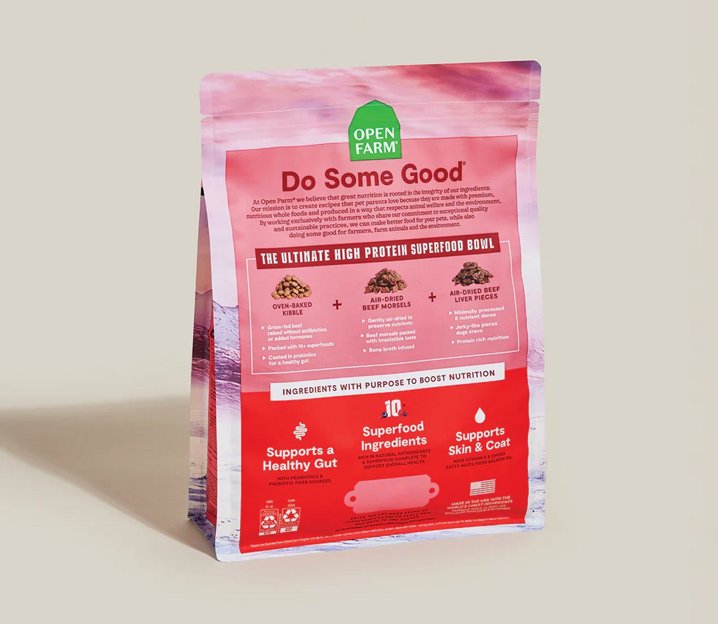 Open Farm Epic Blend beef & superfood dry dog food bag, back label view