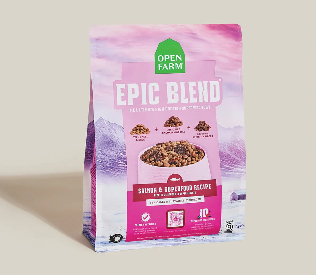 Dog dry food pouch, Open Farm Epic Blend salmon & superfood recipe, front view