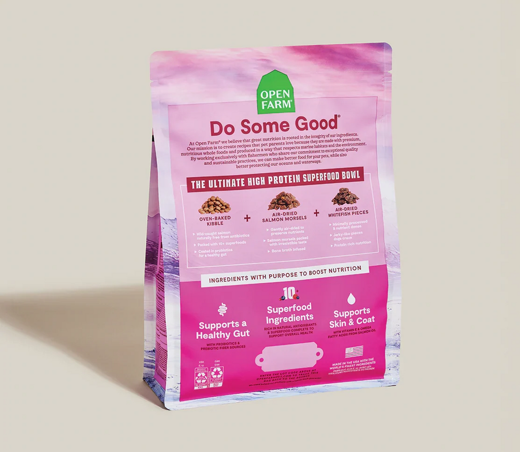 Dog dry food pouch back panel, high protein superfood bowl ingredients and benefits