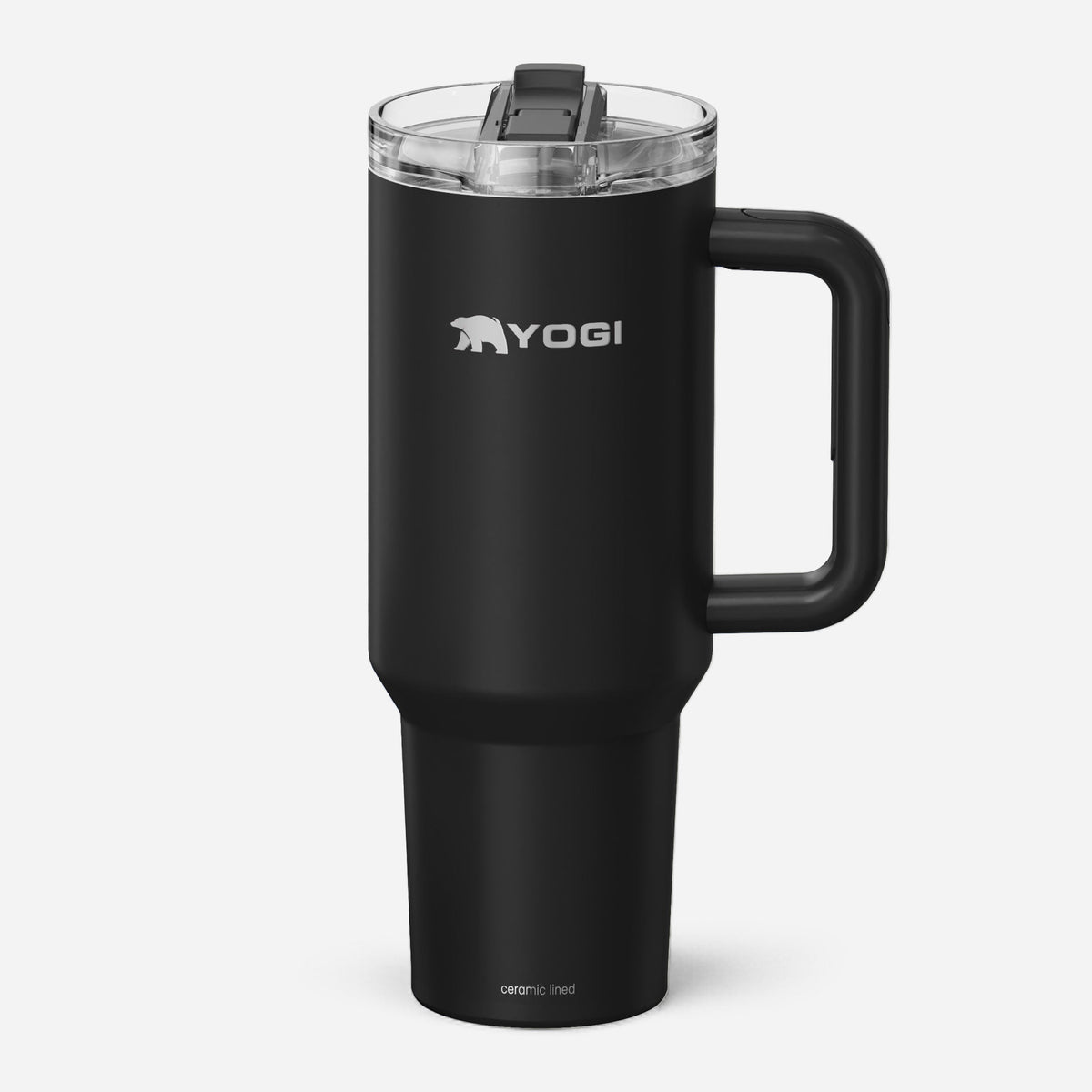 Ceramic-lined evolution tumbler in black with clear lid, side handle, and spout