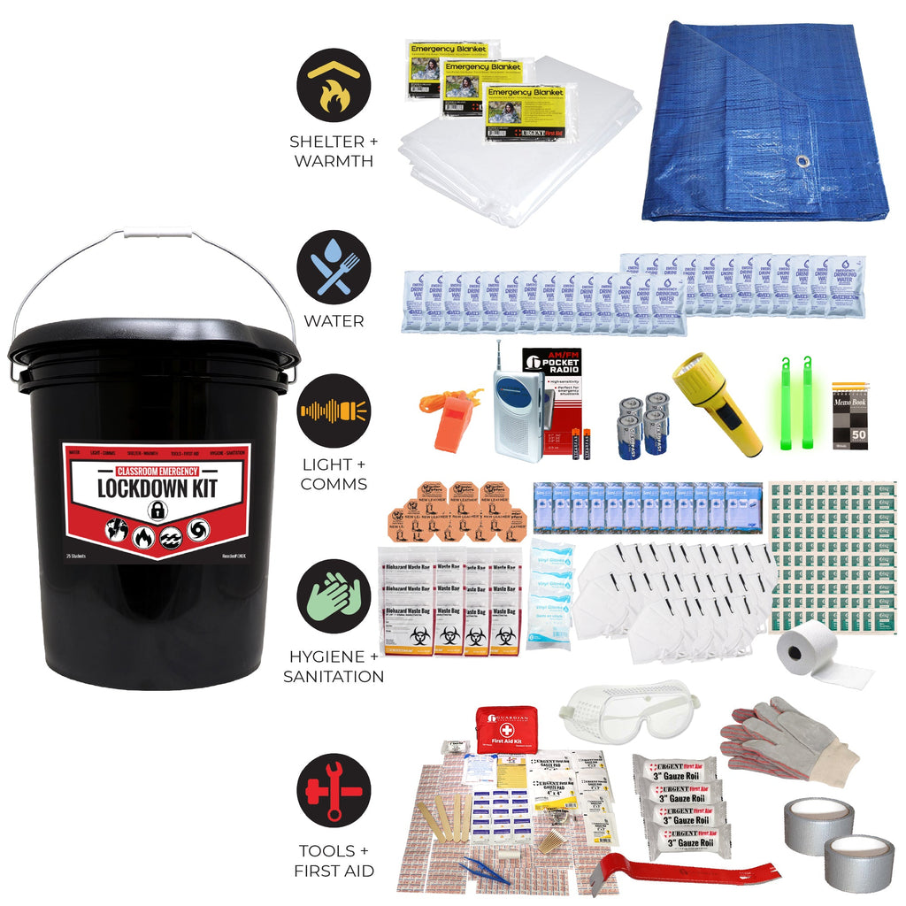 Emergency lockdown kit contents: black bucket, shelter blanket, water, hygiene and tools